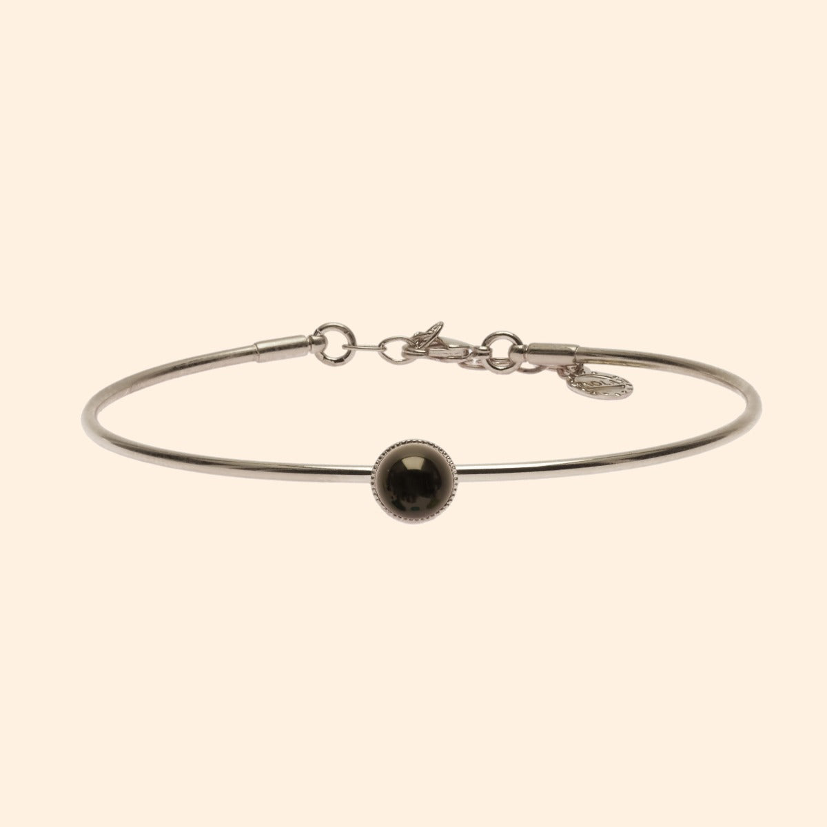 Jonc ajustable argent agate noir rond