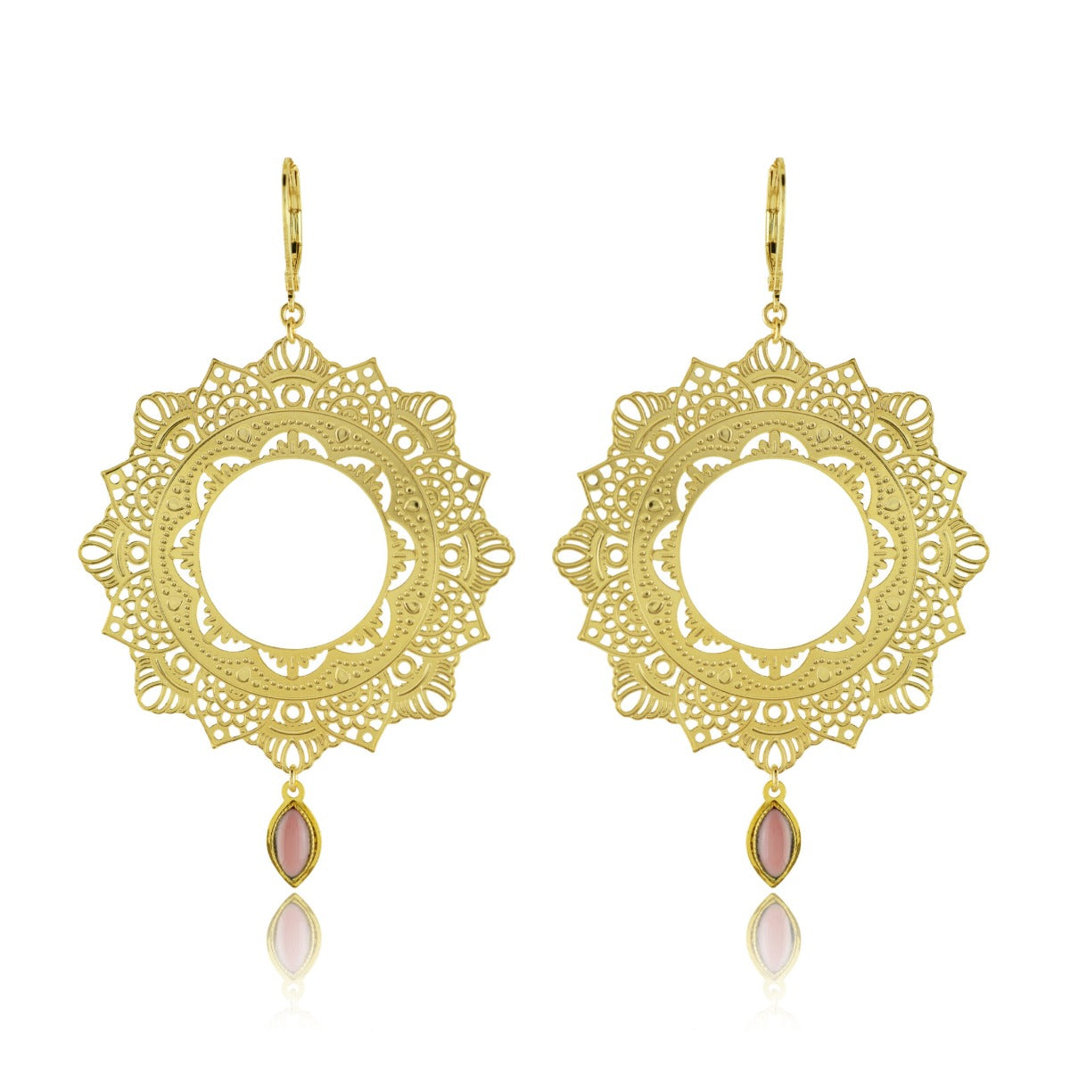 Boucles lotus ajouré doré pierre naturelle