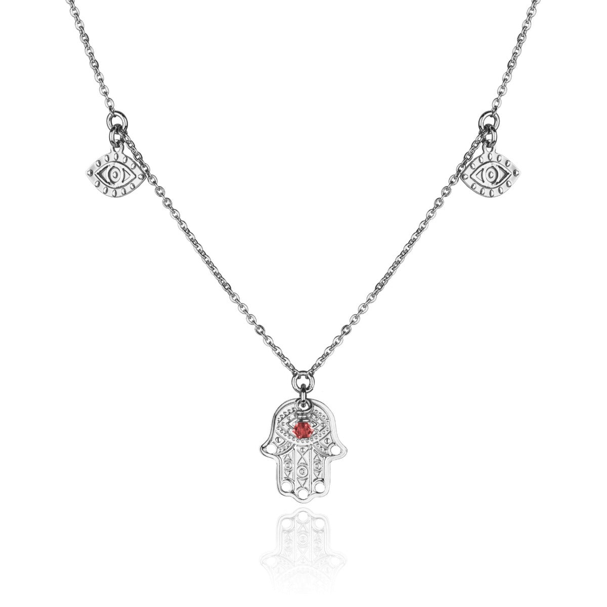 Collier trois pendentifs oeil main de fatma cristal rouge