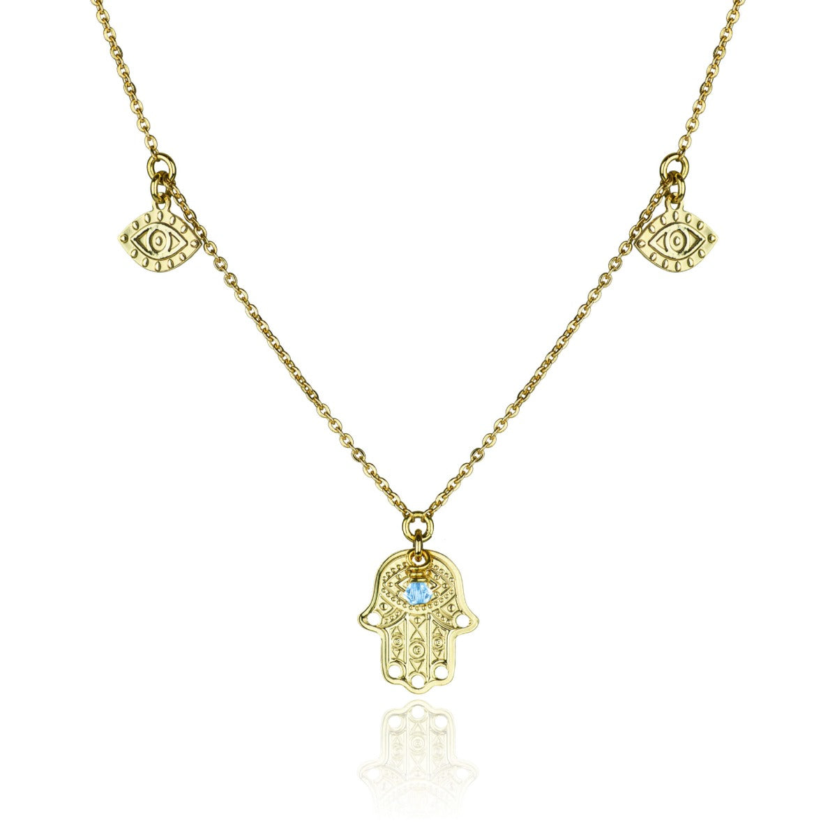Collier trois pendentifs oeil main Fatma cristal bleu