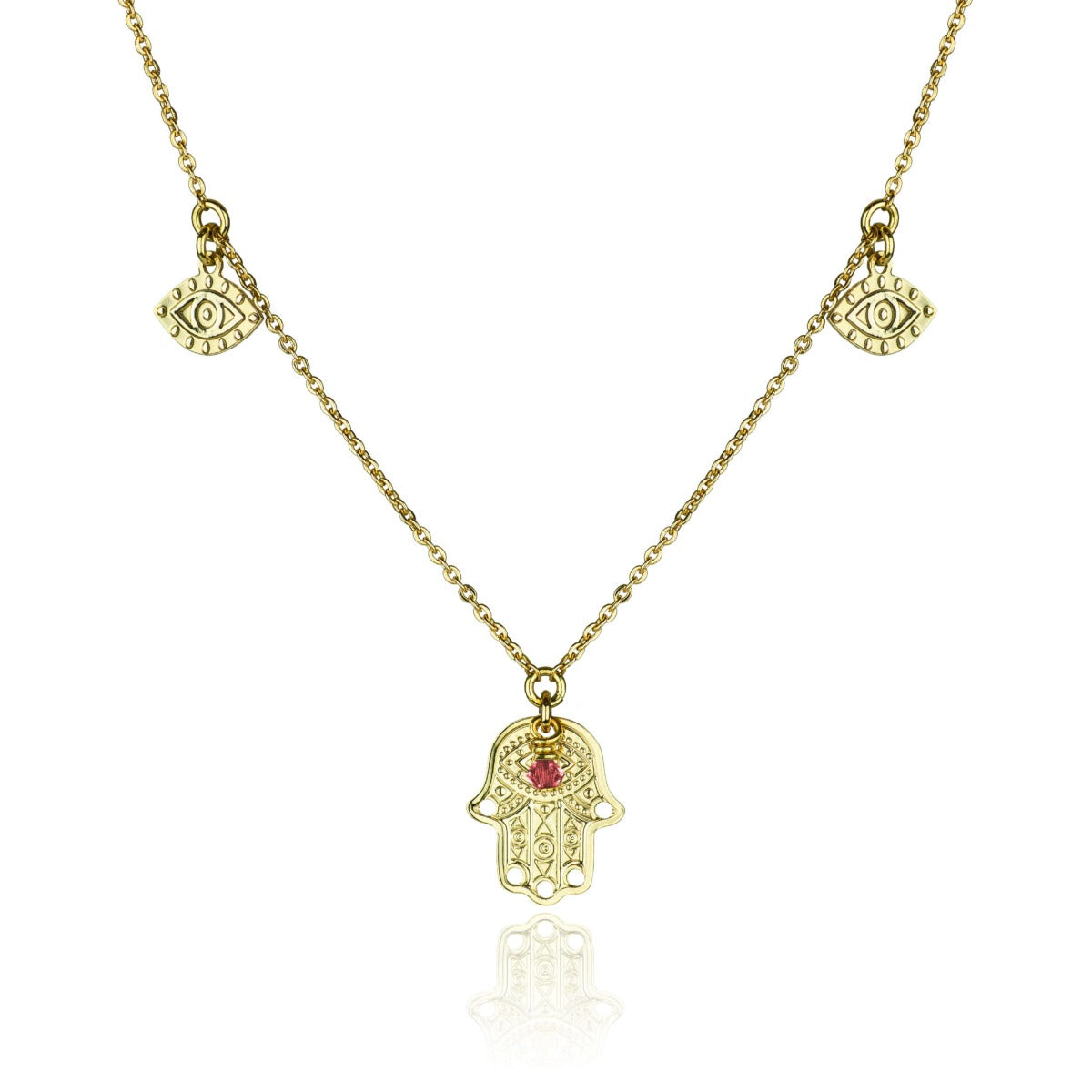 Collier trois pendentifs oeil main de fatma cristal rouge