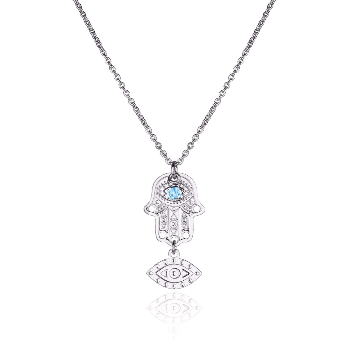 Collier oeil main de Fatma cristal bleu