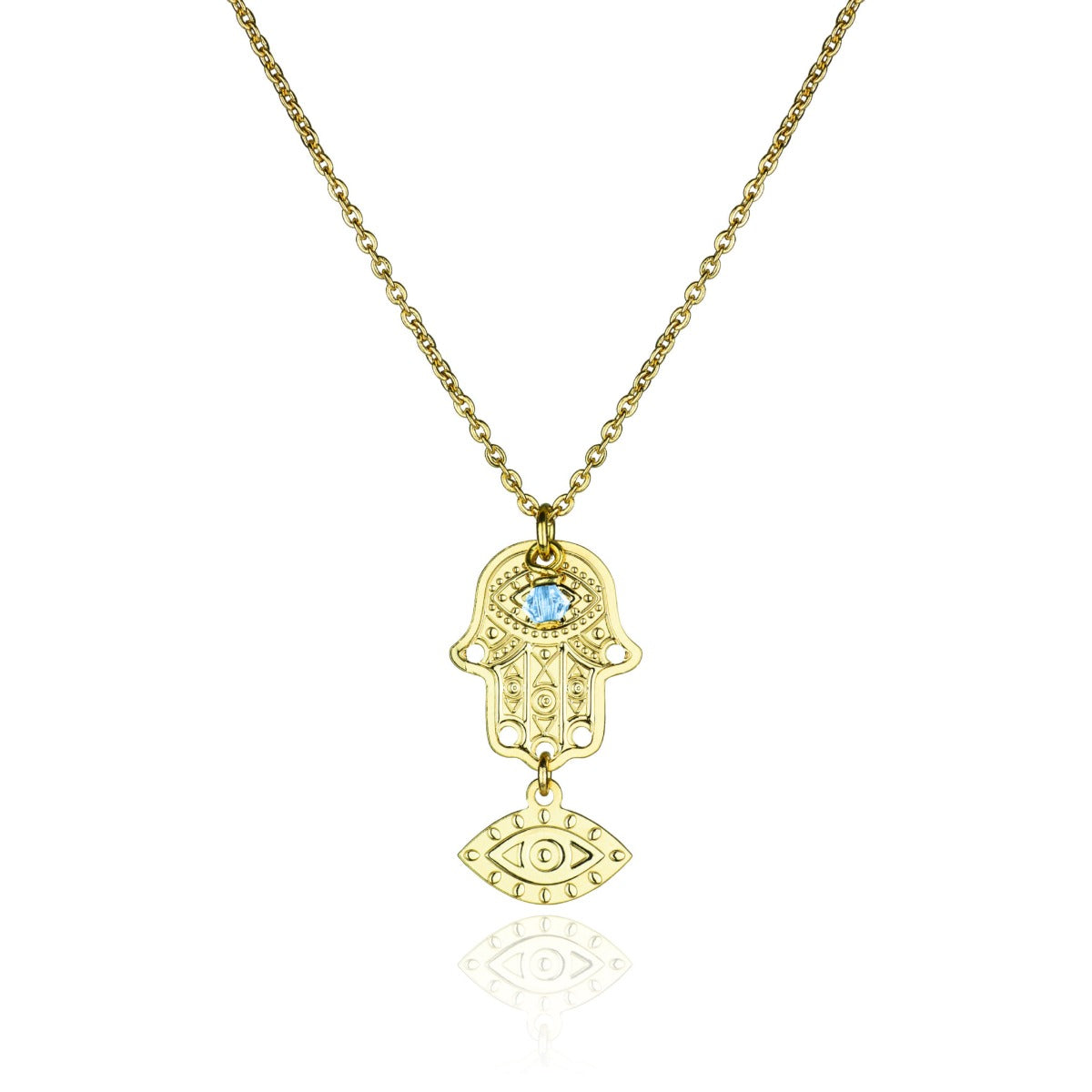 Collier oeil main de Fatma cristal bleu