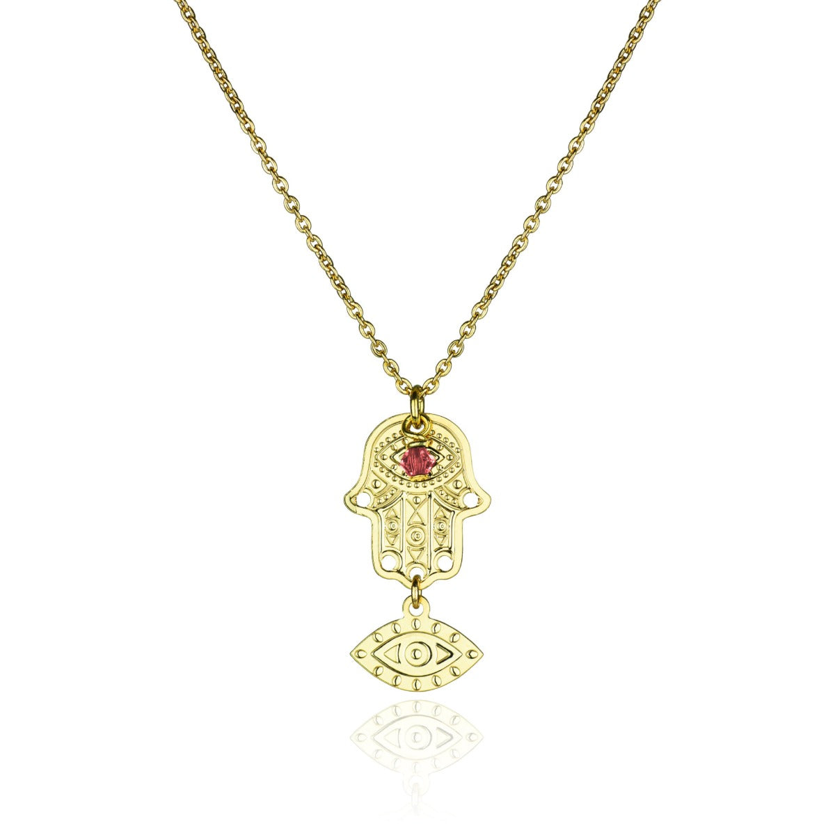 Collier oeil main de fatma cristal rouge symbole de protection