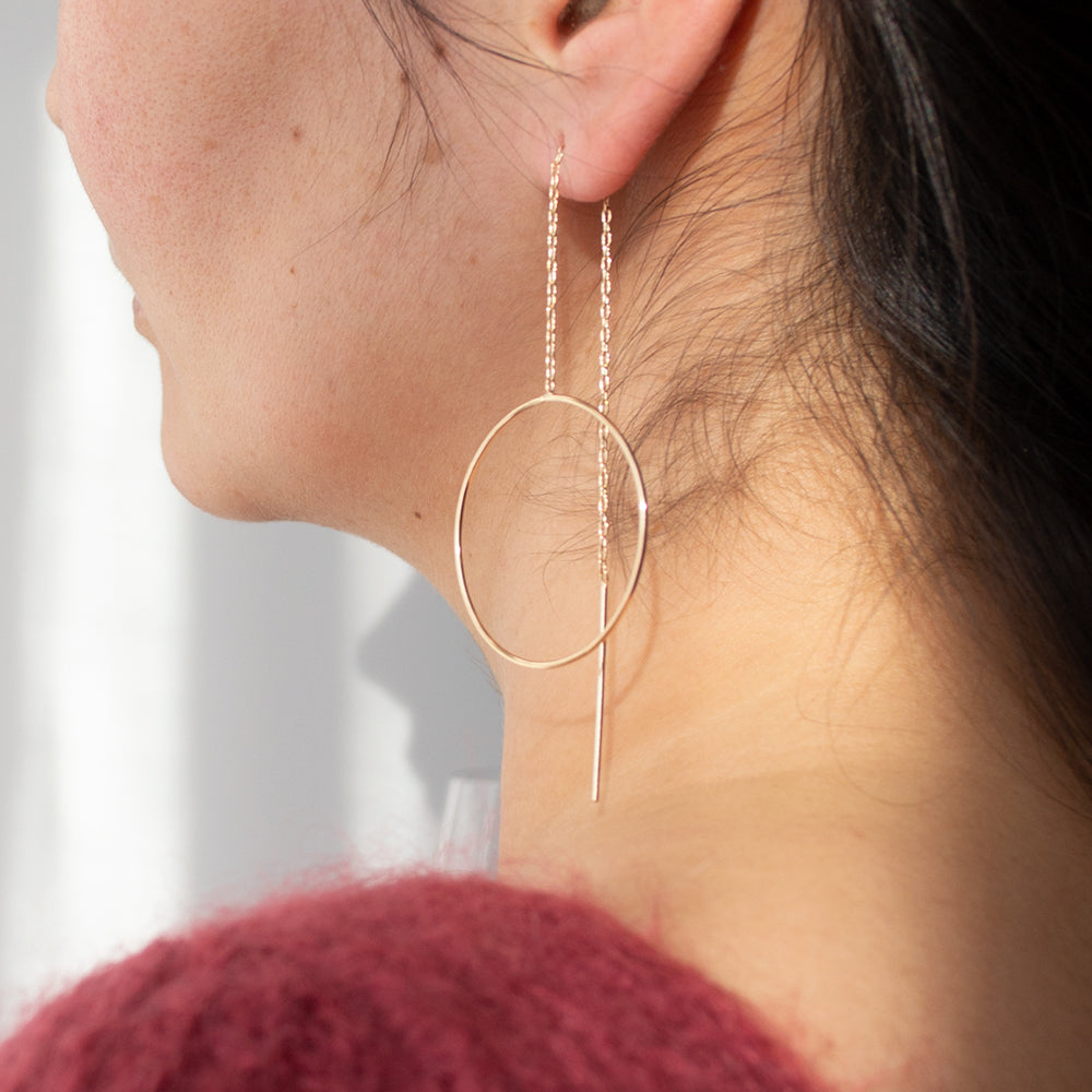 boucles d'oreilles rond chaine pendante argent