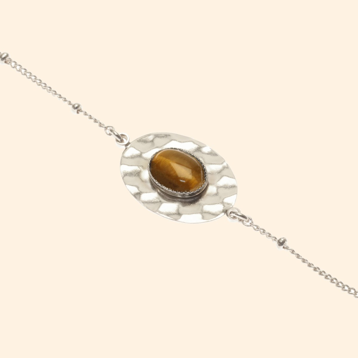 Bracelet martelée ajustable argent pierre oeil de tigre