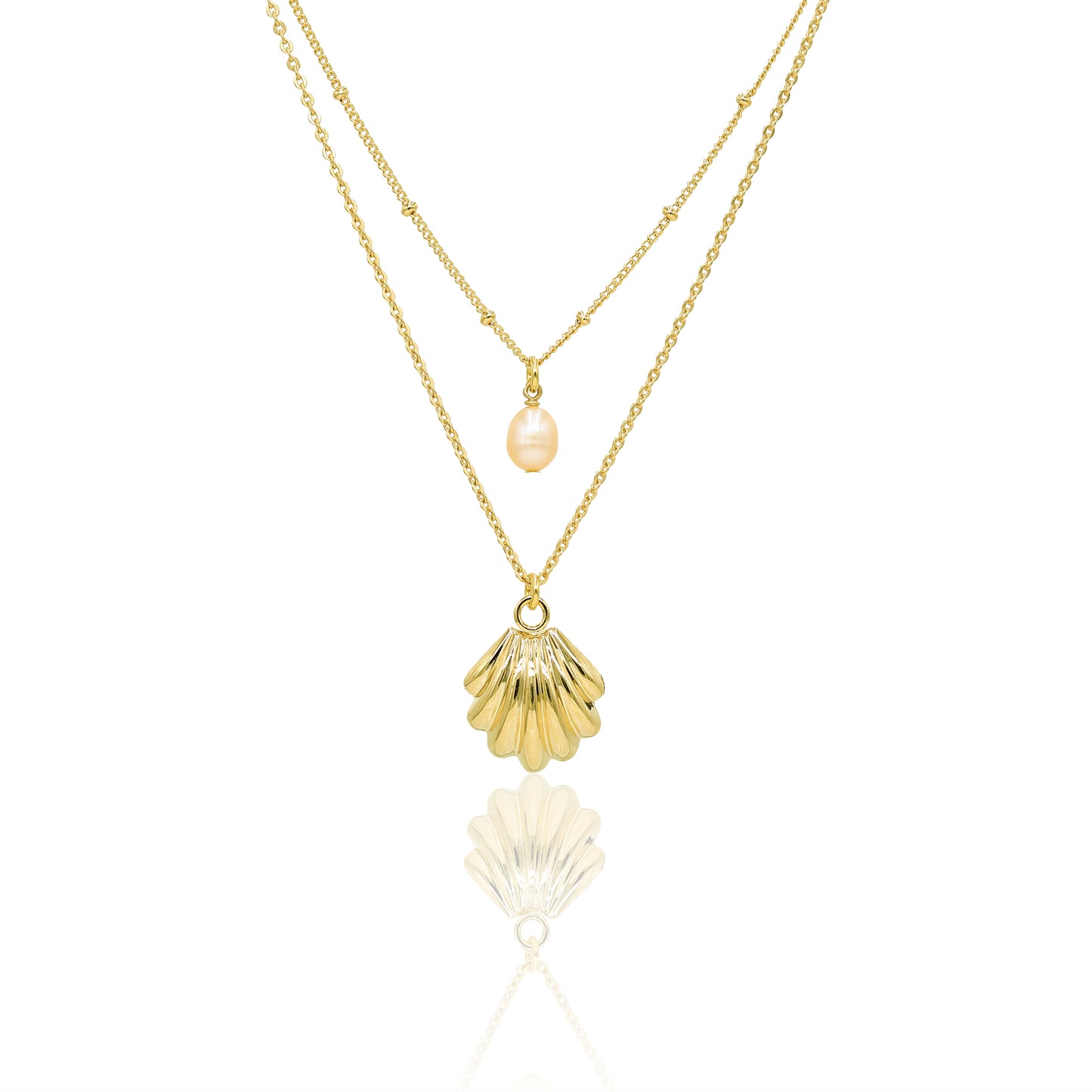 Collier deux chaines fines double rang perle d'eau douce et coquillage
