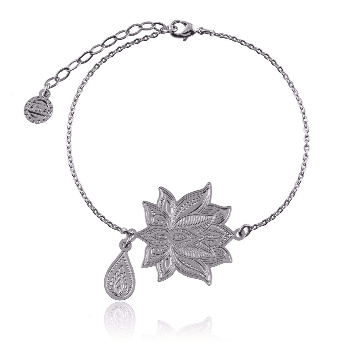 Bracelet ajustable coeur de lotus avec pampille argent