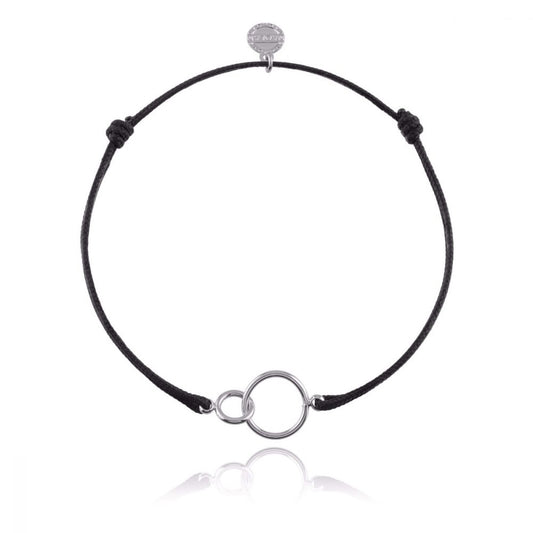 Bracelet cordon ajustable double anneaux entrelacés argent