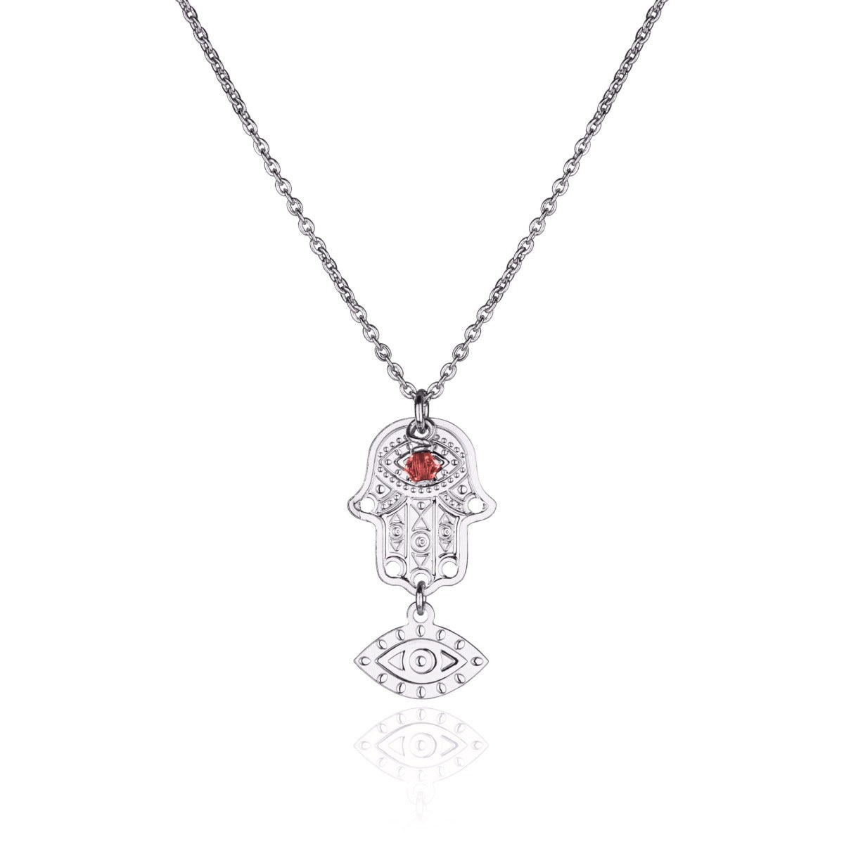 Collier oeil main de fatma cristal rouge symbole de protection