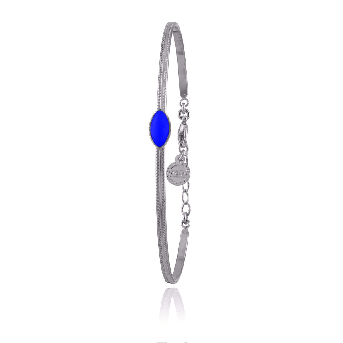 Bracelet Jonc Ouvert En Laiton Argenté Avec Agate Bleue - Pierres Cabochons - Occasion - Style Vintage