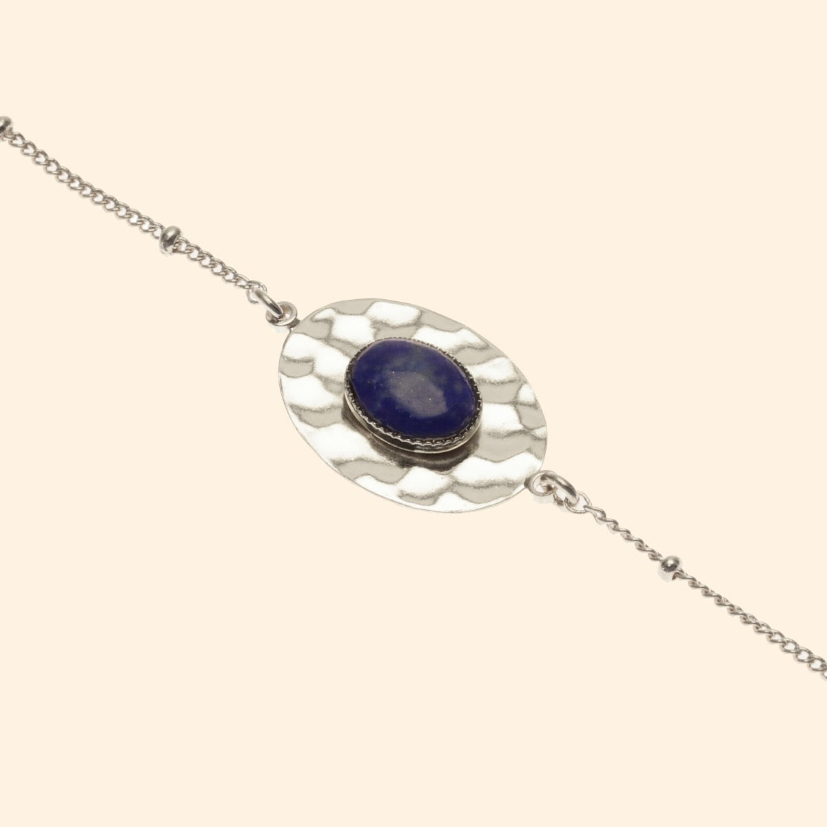 Bracelet martelée ajustable argent pierre lapis lazuli 